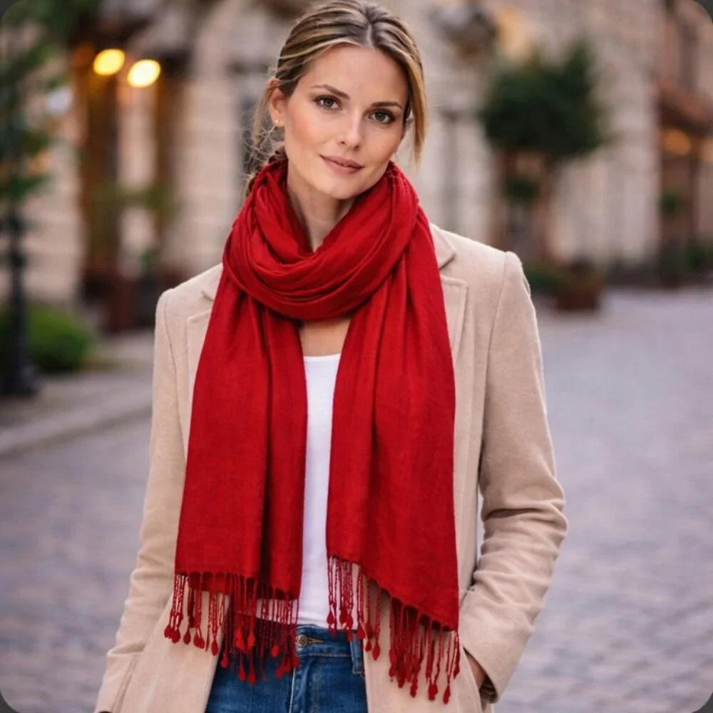 ❤️ Vintage Red Pashmina & Silk Scarf | Made in Nepal | Artsy Bohemian Timeless